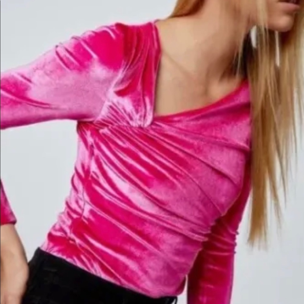 ZARA Pink Velvet Bodysuit Long Sleeve Fuchsia